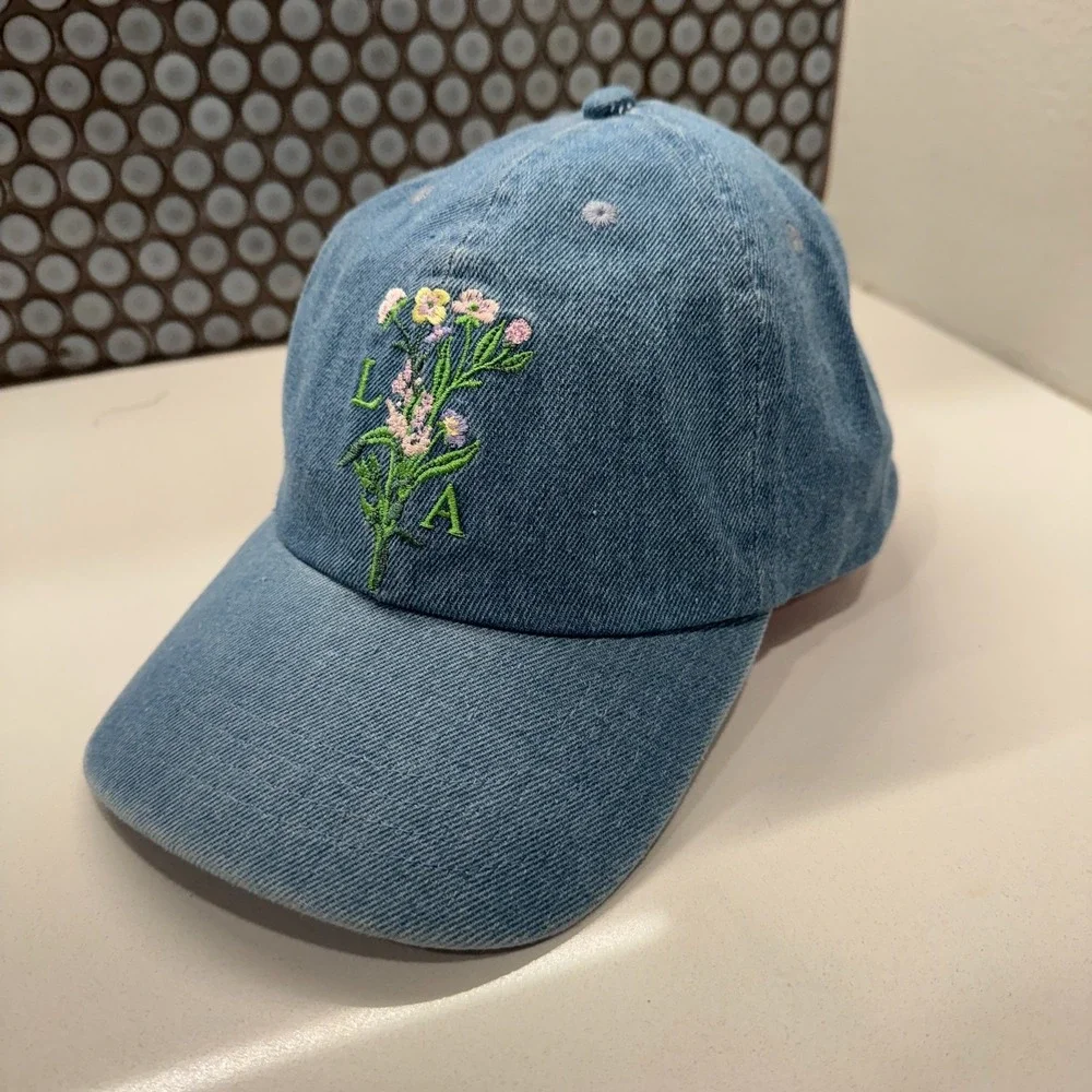 Los Angeles Hat Cap Blue Chambray Denim Strap Back‎ Floral Graphic Print Unknown